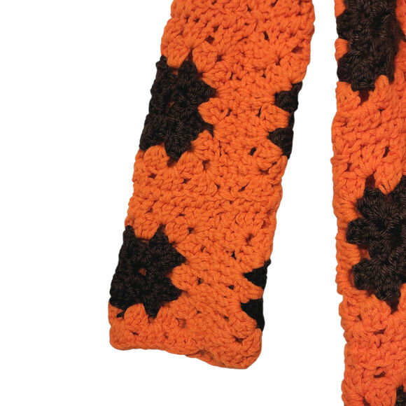 Crochet Flower Cardigan Retro Y2K Boho Sweater Orange Brown 70s Medium Large - Picture 6 of 12